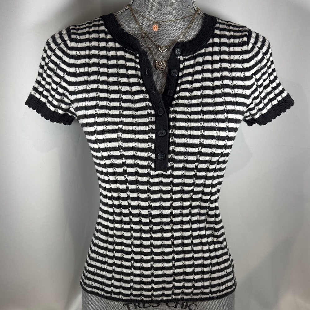 American Eagle Outfitters Short-Sleeve Pointelle Sweater Striped Women's Top